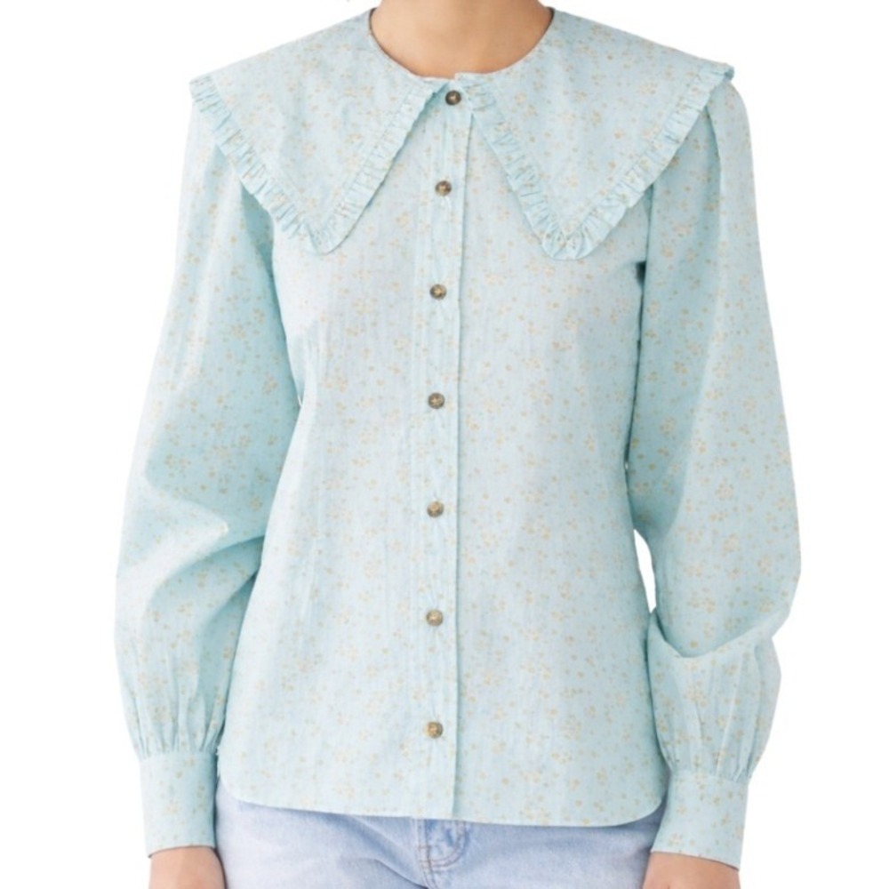 Ganni NWOT Light Blue Ditsy Floral Organic Cotton Peter Pan Collar Blouse Size M